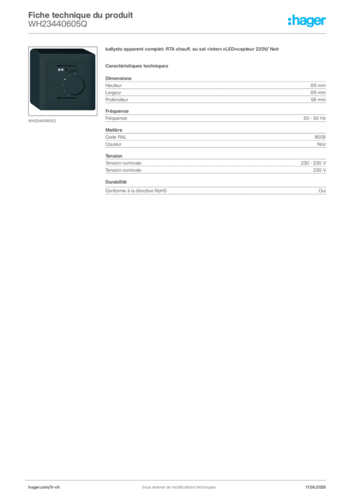 Image Hager Fiche technique du produit WH23440605Q | Hager Suisse