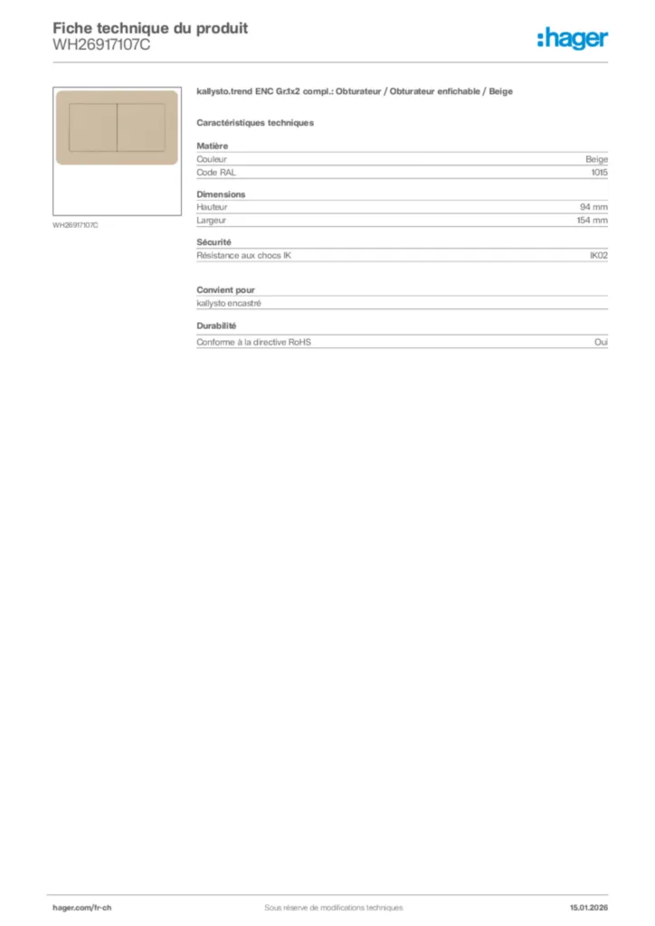 Image Hager Fiche technique du produit WH26917107C | Hager Suisse