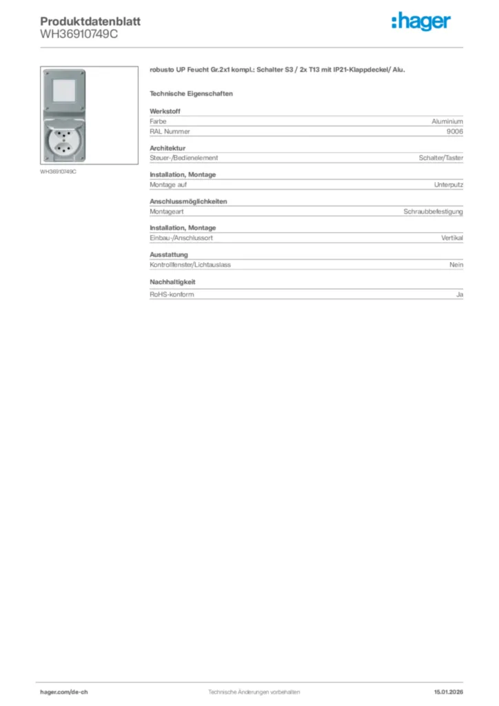 Bild Hager Produktdatenblatt WH36910749C | Hager Schweiz
