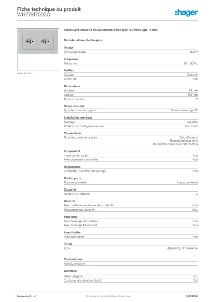 Image Hager Fiche technique du produit WH27917003C | Hager Suisse