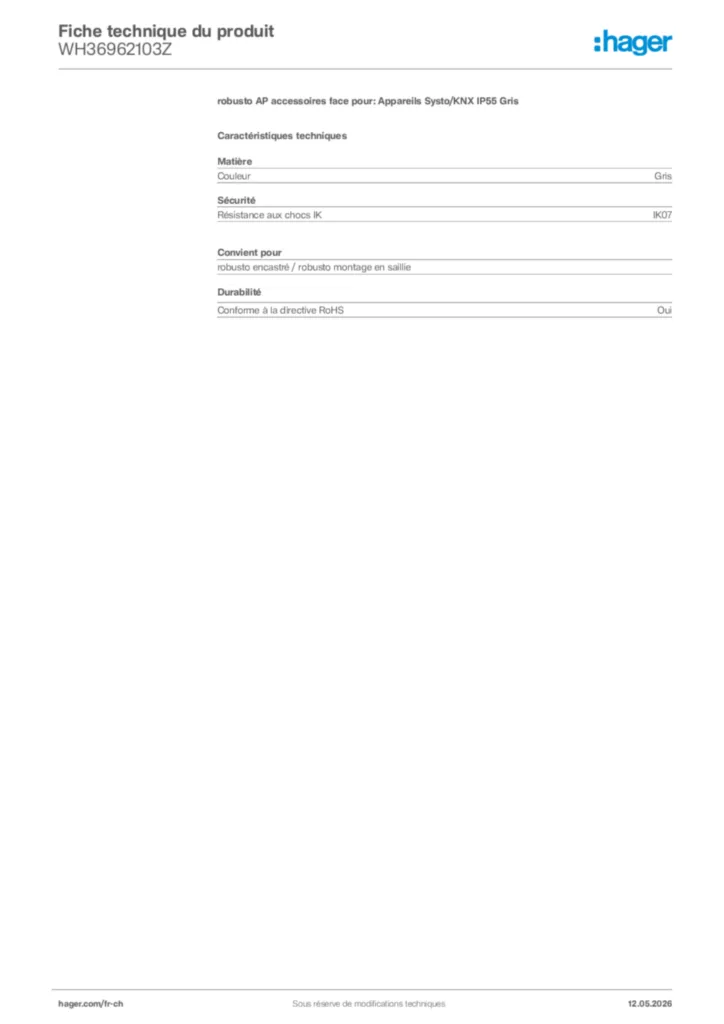 Image Hager Fiche technique du produit WH36962103Z | Hager Suisse
