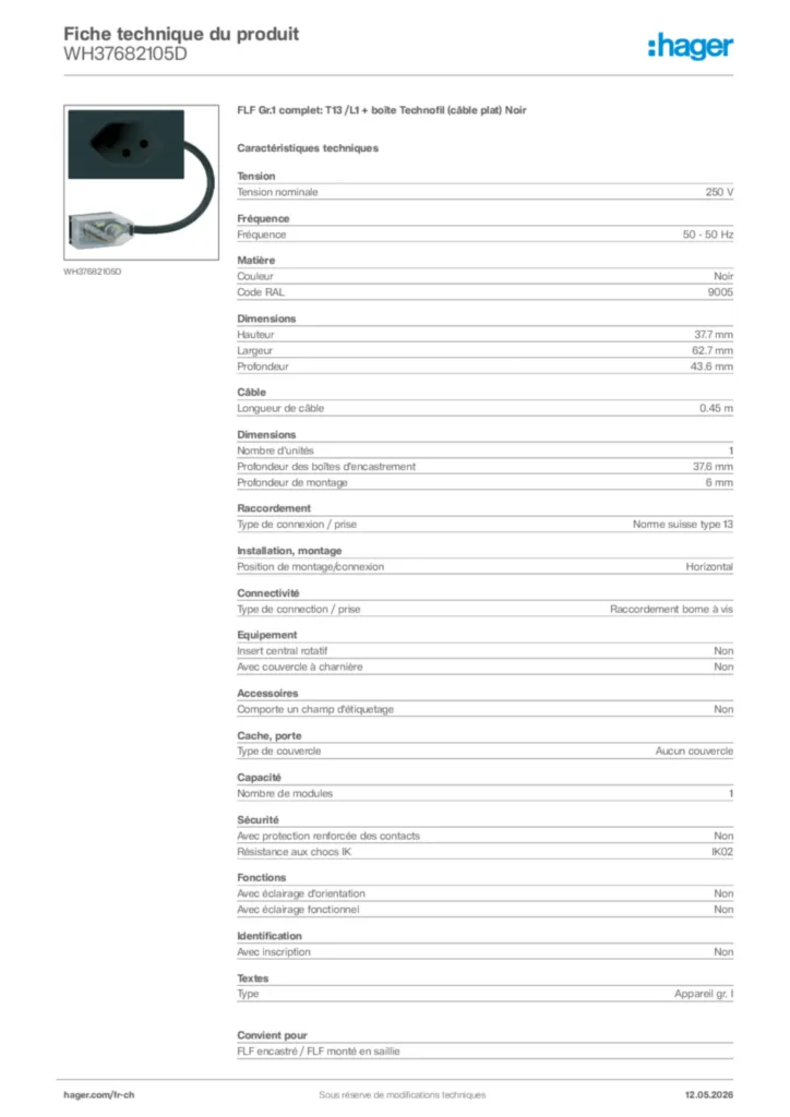 Image Hager Fiche technique du produit WH37682105D | Hager Suisse