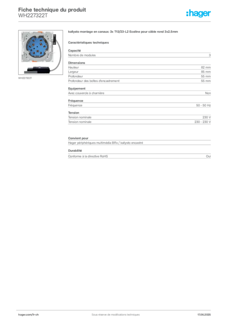 Image Hager Fiche technique du produit WH227322T | Hager Suisse