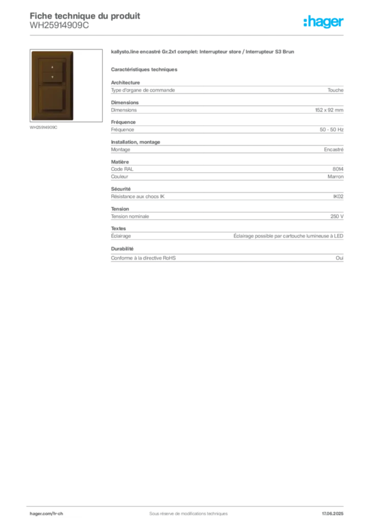 Image Hager Fiche technique du produit WH25914909C | Hager Suisse