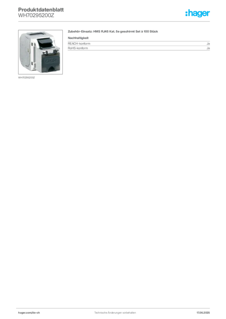 Bild Hager Produktdatenblatt WH70295200Z | Hager Schweiz