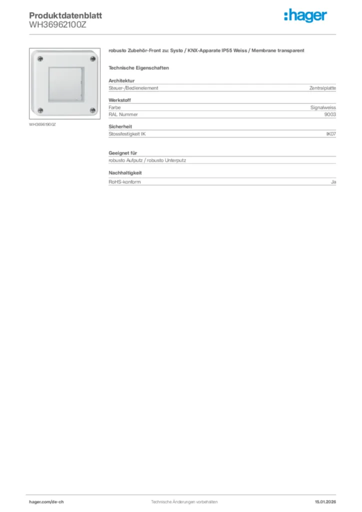 Bild Hager Produktdatenblatt WH36962100Z | Hager Schweiz