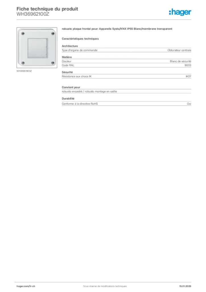 Image Hager Fiche technique du produit WH36962100Z | Hager Suisse
