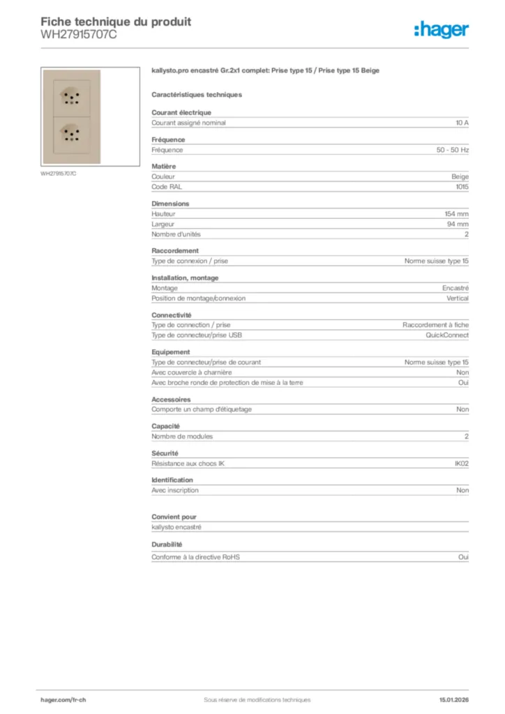Image Hager Fiche technique du produit WH27915707C | Hager Suisse