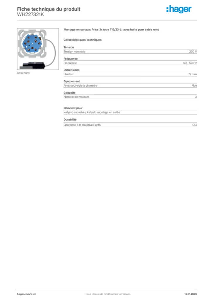 Image Hager Fiche technique du produit WH227321K | Hager Suisse