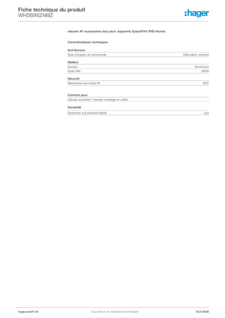 Image Hager Fiche technique du produit WH36962149Z | Hager Suisse