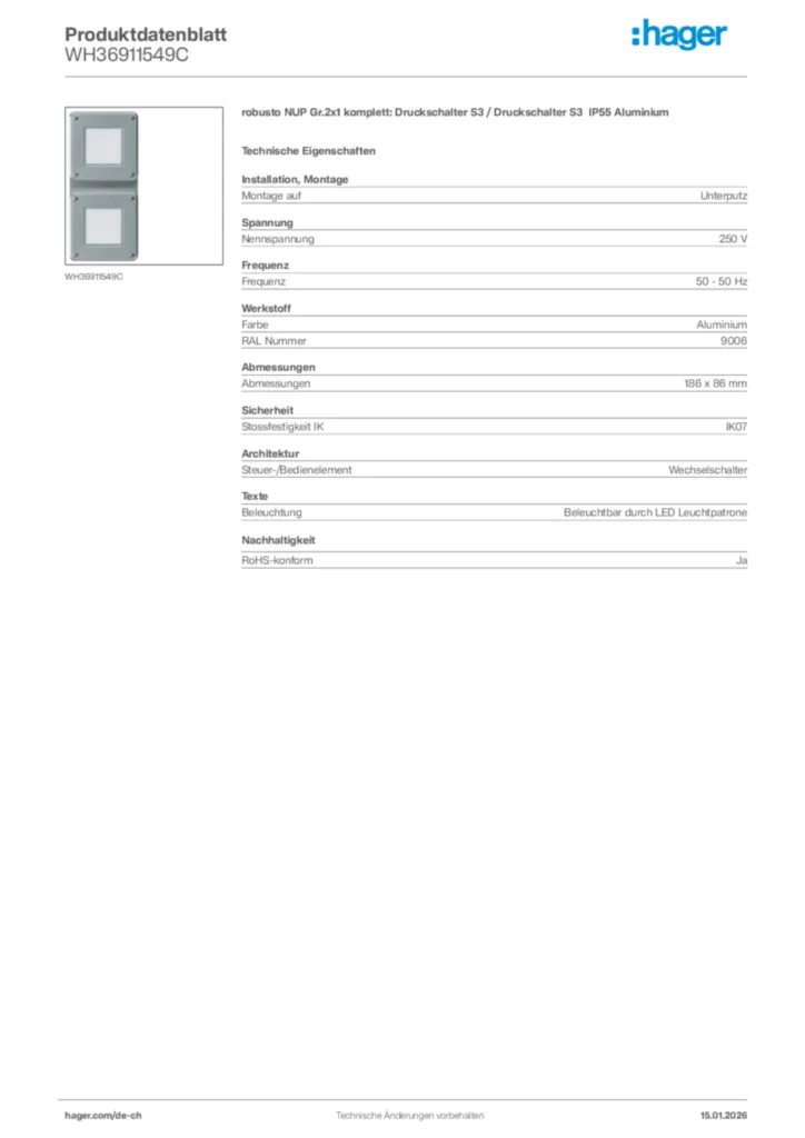 Bild Hager Produktdatenblatt WH36911549C | Hager Schweiz