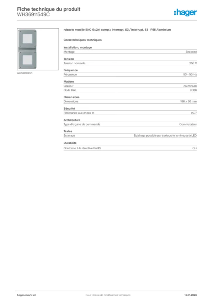 Image Hager Fiche technique du produit WH36911549C | Hager Suisse