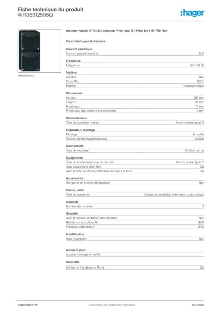 Image Hager Fiche technique du produit WH36912505Q | Hager Suisse