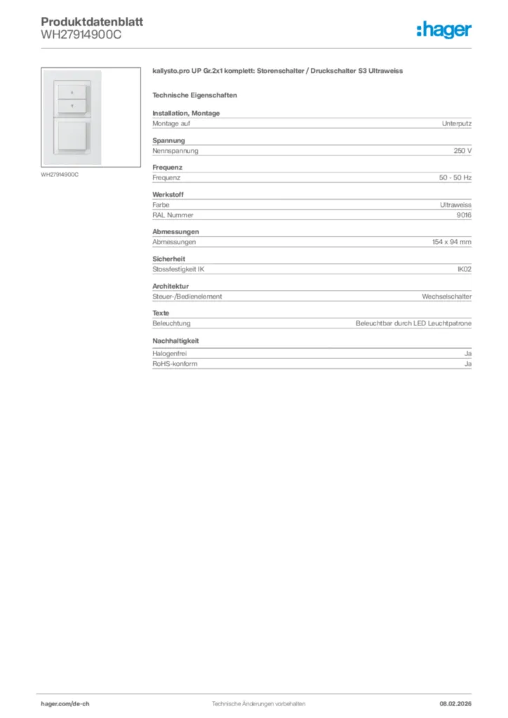 Bild Hager Produktdatenblatt WH27914900C | Hager Schweiz