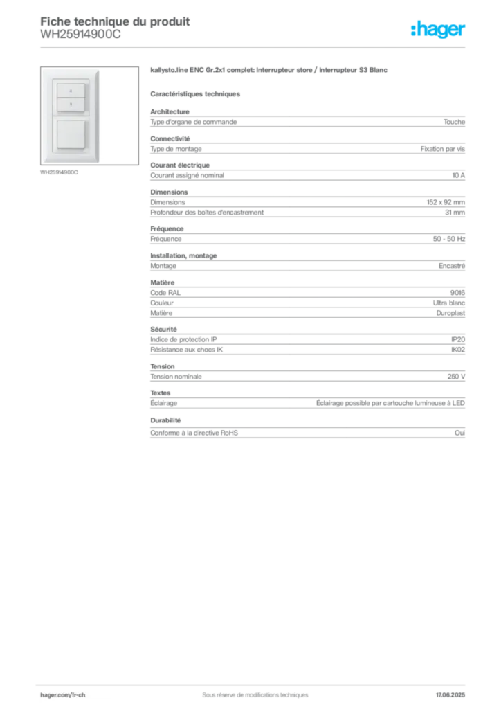 Image Hager Fiche technique du produit WH25914900C | Hager Suisse