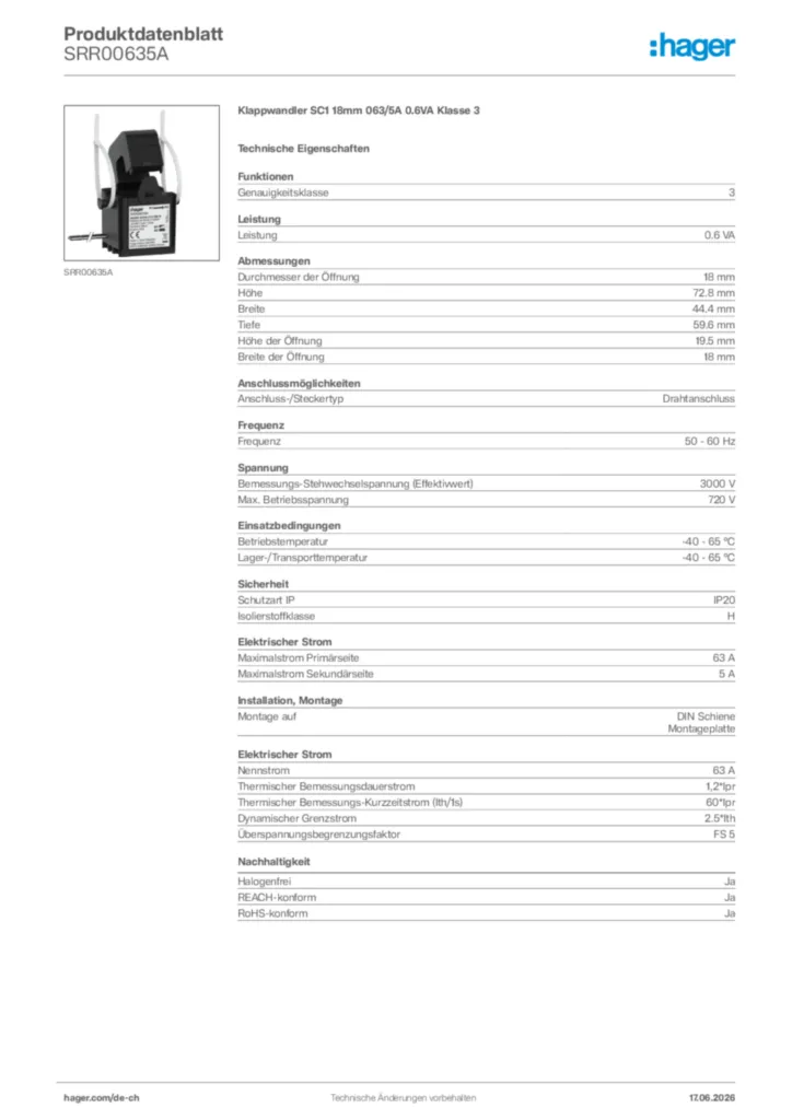 Bild Hager Produktdatenblatt SRR00635A | Hager Schweiz