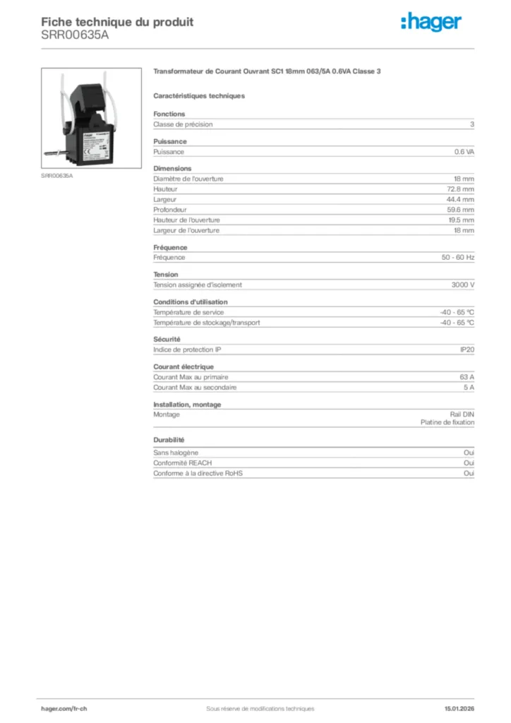 Image Hager Fiche technique du produit SRR00635A | Hager Suisse