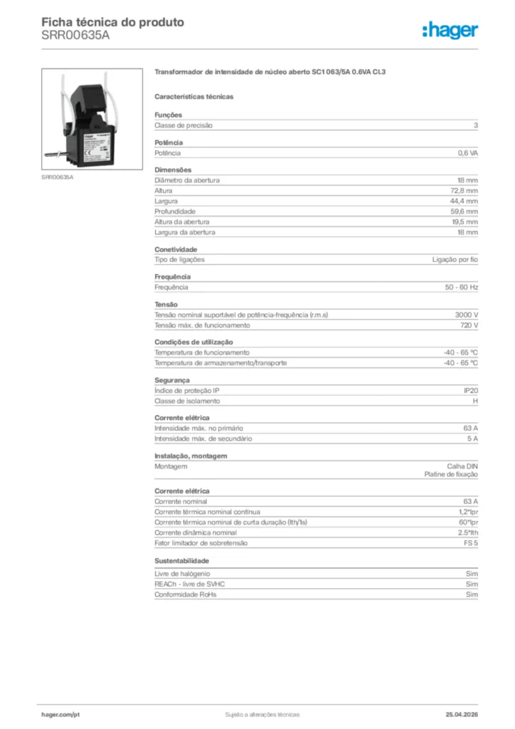 Imagem Hager Ficha técnica do produto SRR00635A | Hager Portugal