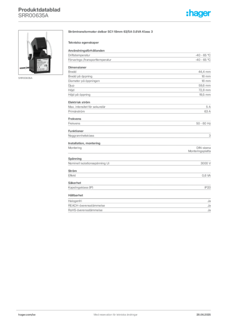 Bild Hager Produktdatablad SRR00635A | Hager Sverige