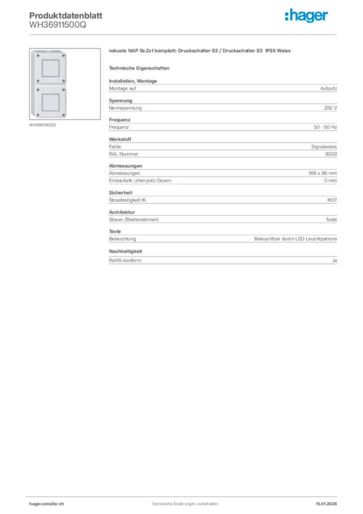 Bild Hager Produktdatenblatt WH36911500Q | Hager Schweiz