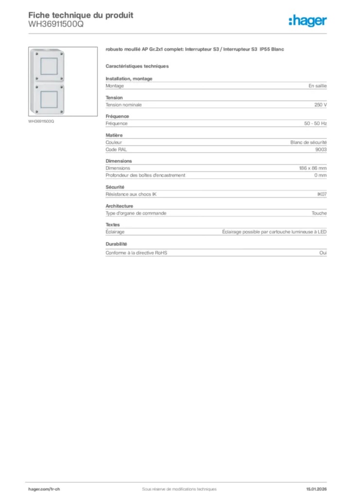 Image Hager Fiche technique du produit WH36911500Q | Hager Suisse