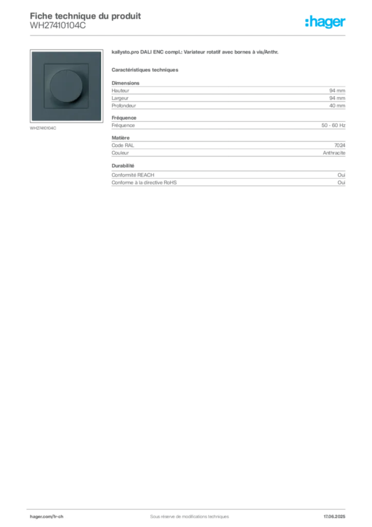Image Hager Fiche technique du produit WH27410104C | Hager Suisse