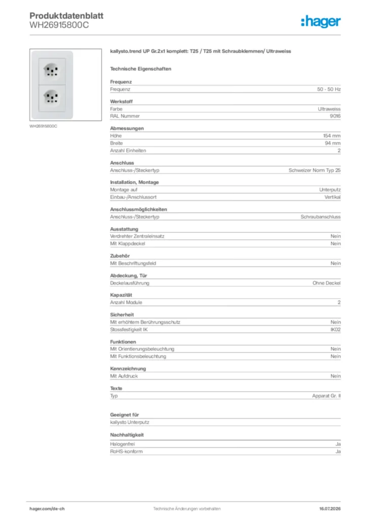 Bild Hager Produktdatenblatt WH26915800C | Hager Schweiz