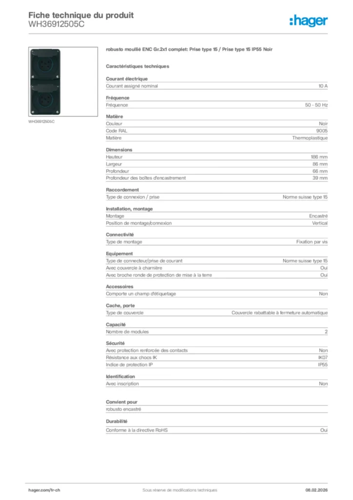 Image Hager Fiche technique du produit WH36912505C | Hager Suisse