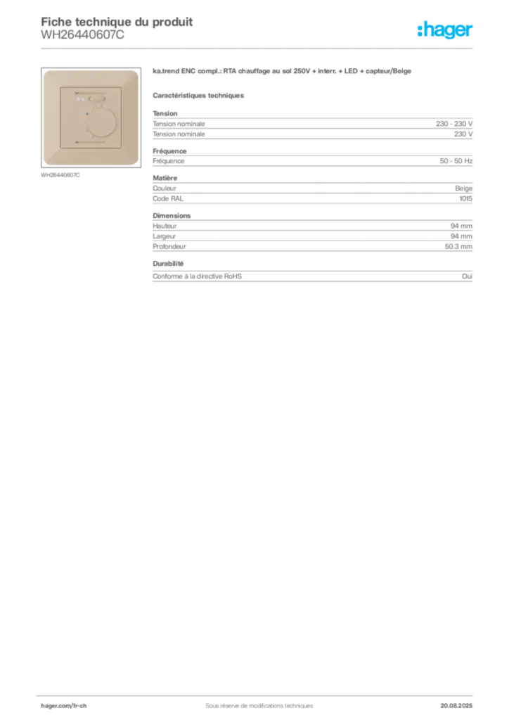 Image Hager Fiche technique du produit WH26440607C | Hager Suisse