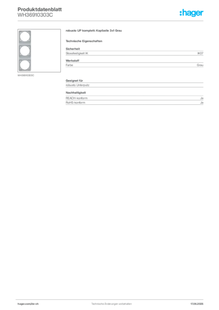 Bild Hager Produktdatenblatt WH36910303C | Hager Schweiz