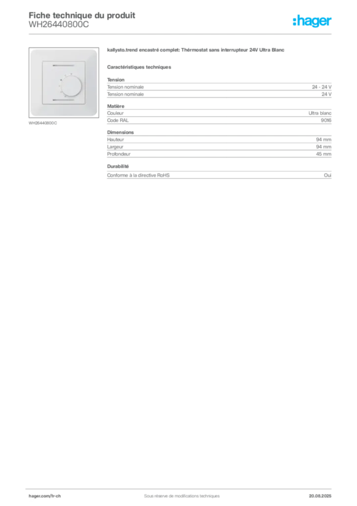 Image Hager Fiche technique du produit WH26440800C | Hager Suisse