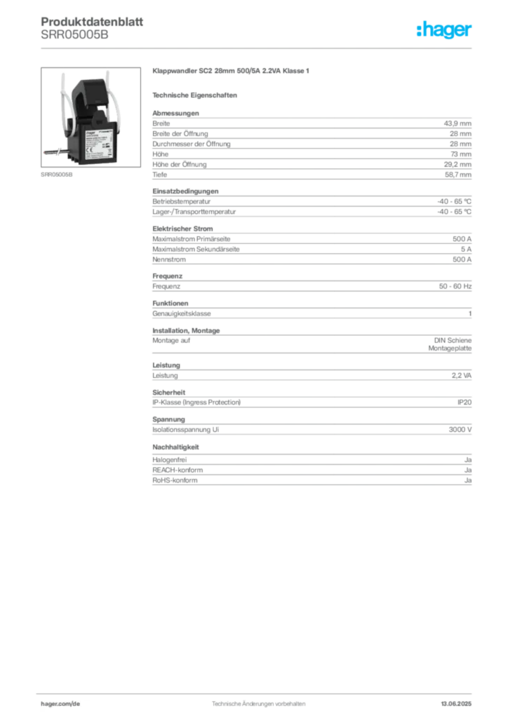 Hager Produktdatenblatt SRR05005B