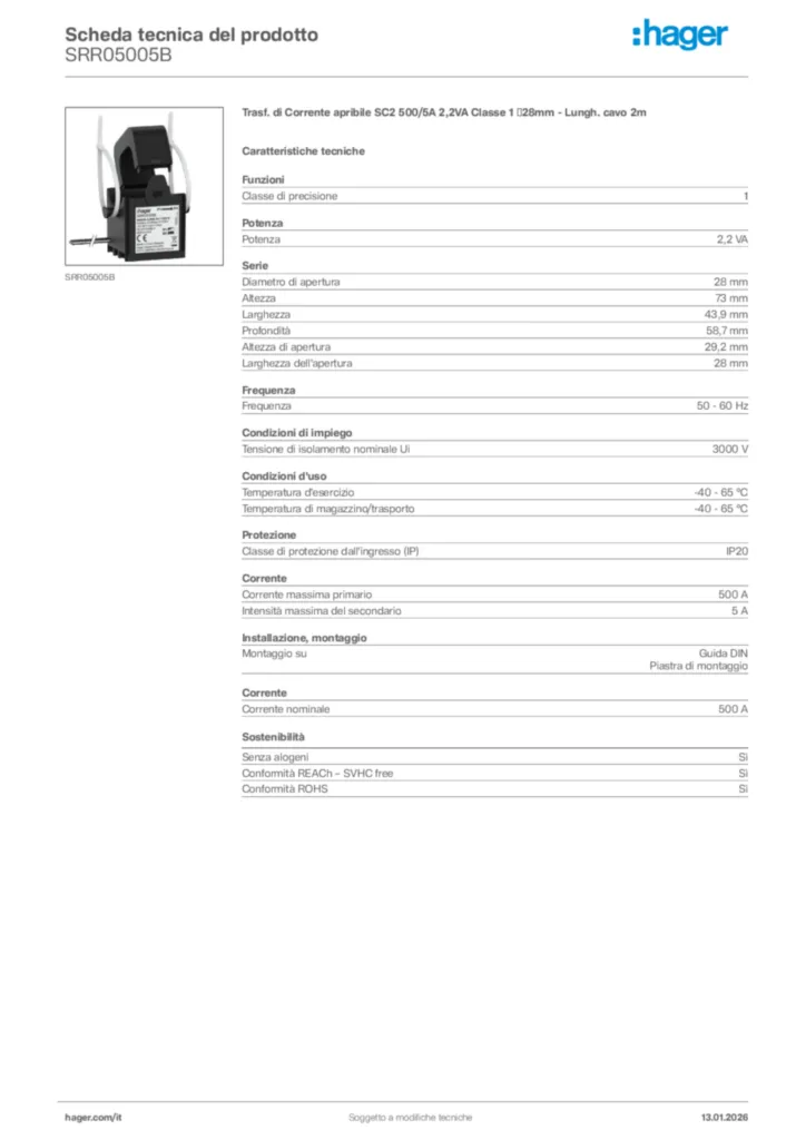 Immagine Hager Scheda tecnica del prodotto SRR05005B | Hager Italia