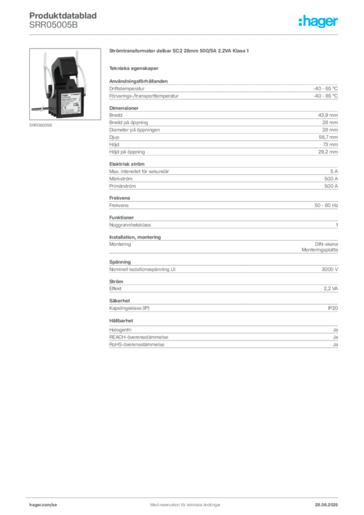 Bild Hager Produktdatablad SRR05005B | Hager Sverige