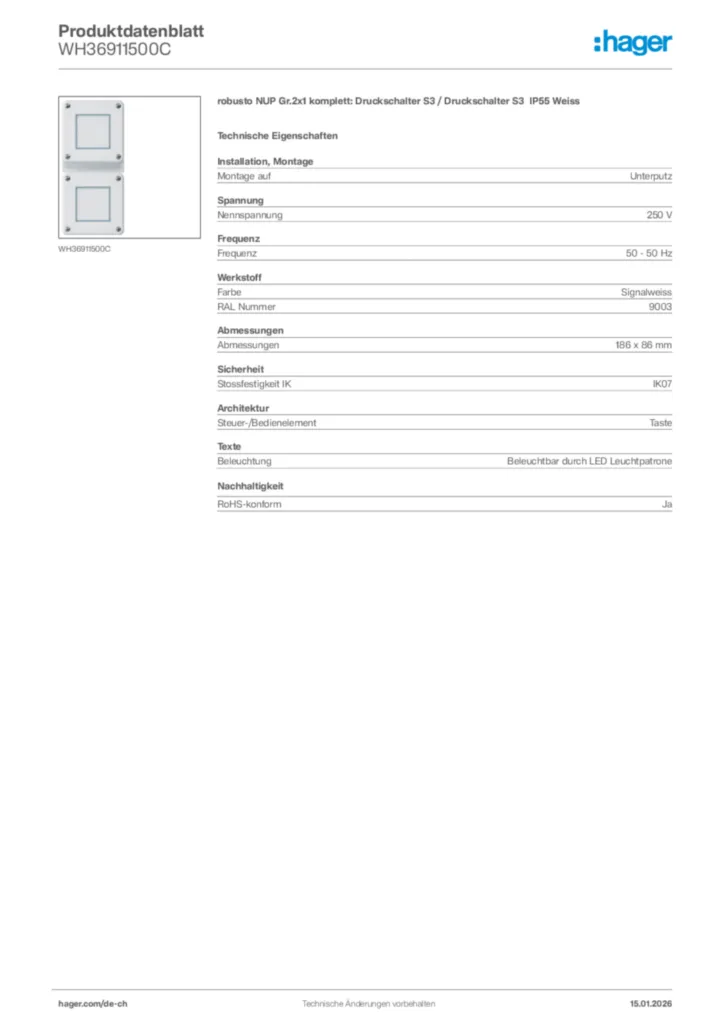 Bild Hager Produktdatenblatt WH36911500C | Hager Schweiz