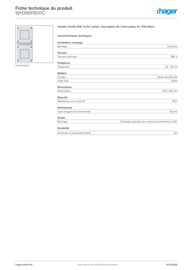 Image Hager Fiche technique du produit WH36911500C | Hager Suisse