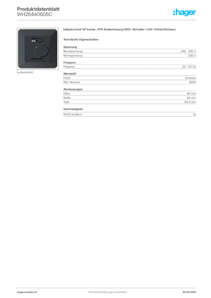 Bild Hager Produktdatenblatt WH26440605C | Hager Schweiz