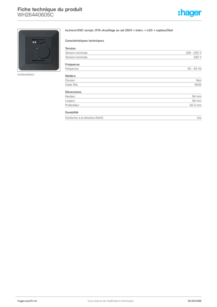 Image Hager Fiche technique du produit WH26440605C | Hager Suisse