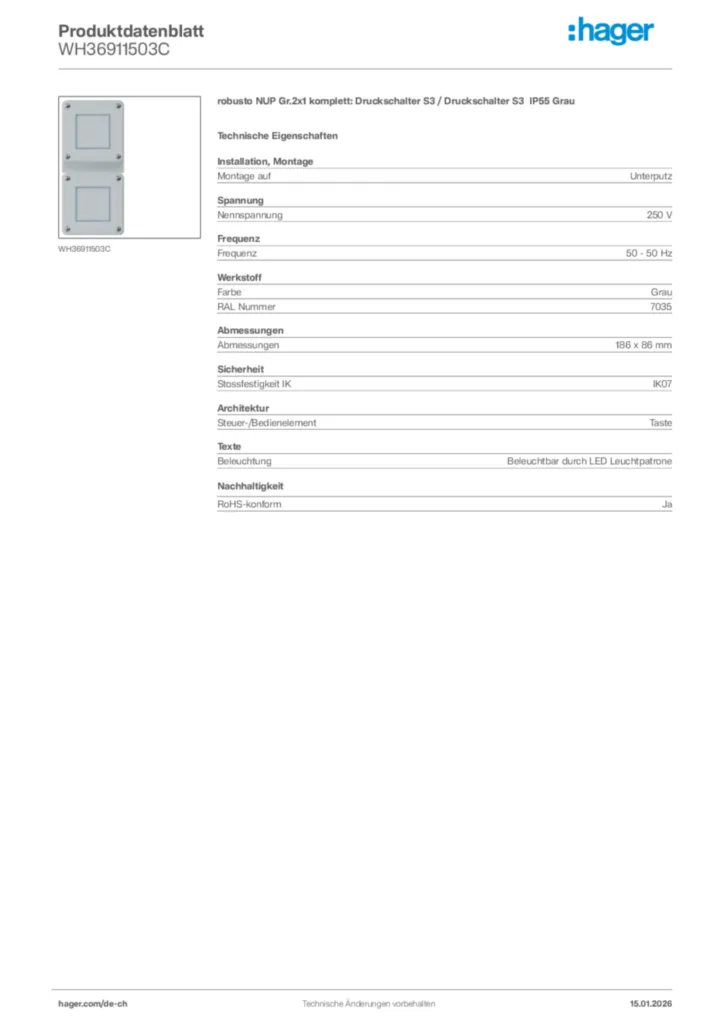 Bild Hager Produktdatenblatt WH36911503C | Hager Schweiz