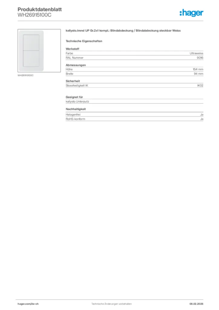 Bild Hager Produktdatenblatt WH26915100C | Hager Schweiz
