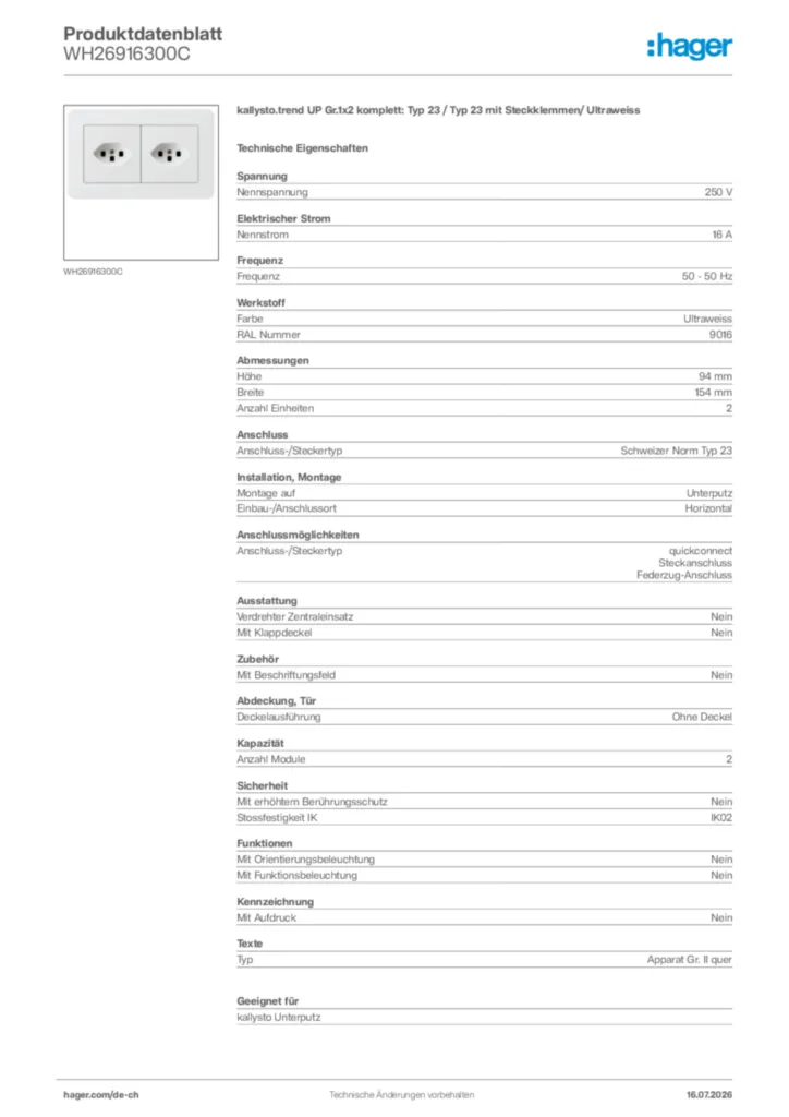 Bild Hager Produktdatenblatt WH26916300C | Hager Schweiz