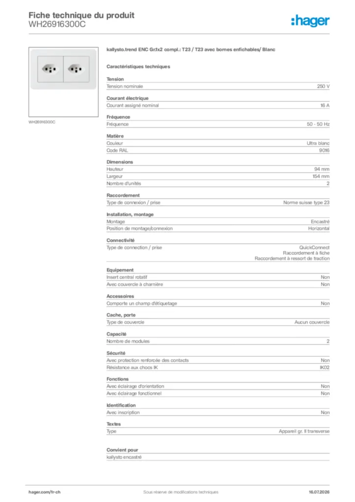 Image Hager Fiche technique du produit WH26916300C | Hager Suisse