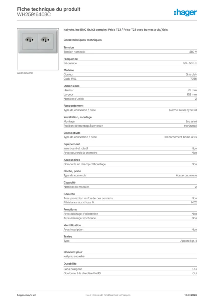Image Hager Fiche technique du produit WH25916403C | Hager Suisse