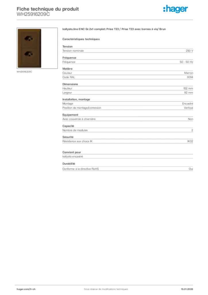 Image Hager Fiche technique du produit WH25916209C | Hager Suisse