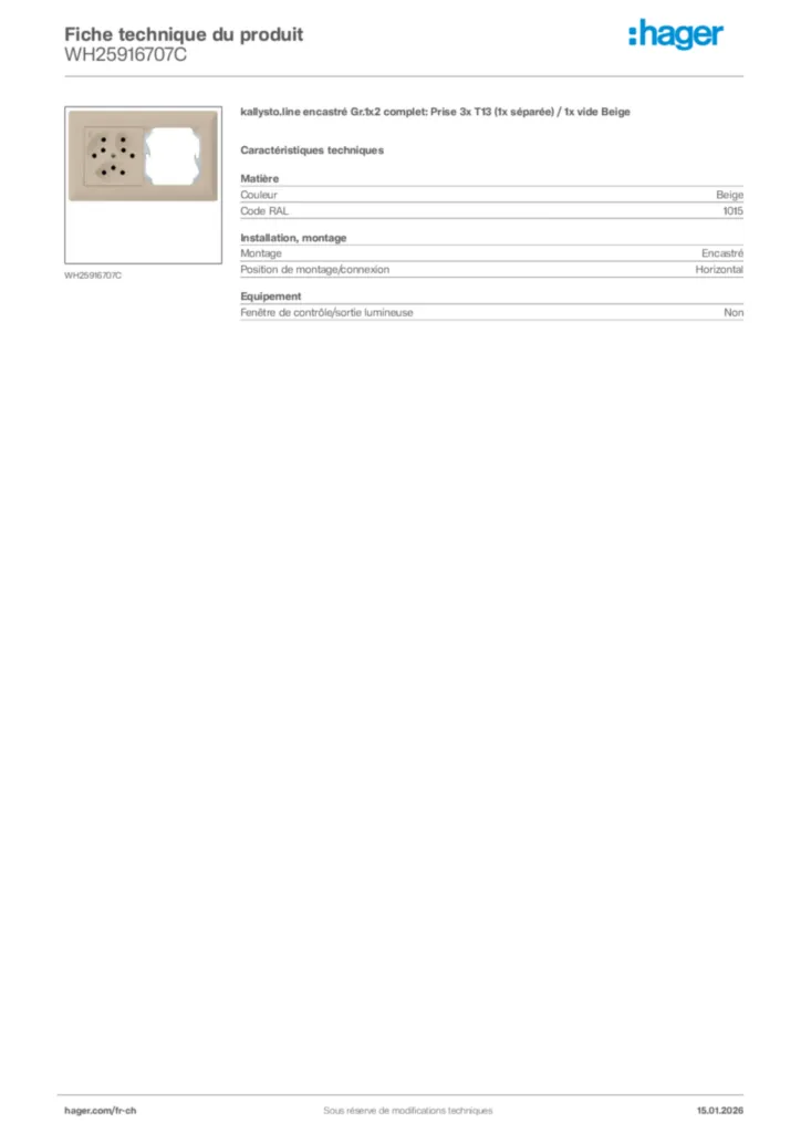 Image Hager Fiche technique du produit WH25916707C | Hager Suisse