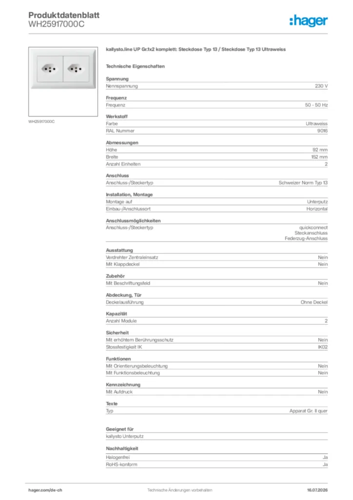 Bild Hager Produktdatenblatt WH25917000C | Hager Schweiz