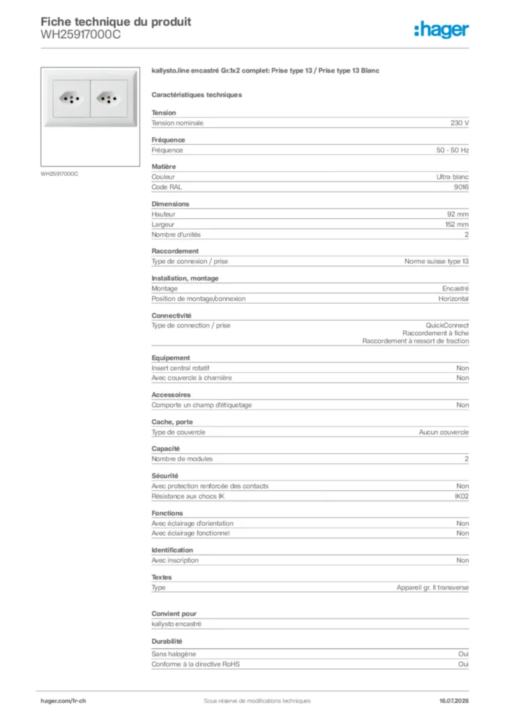 Image Hager Fiche technique du produit WH25917000C | Hager Suisse
