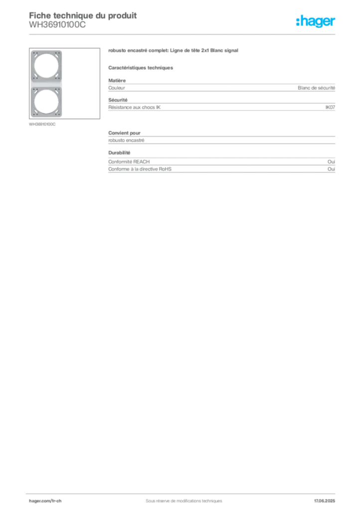 Image Hager Fiche technique du produit WH36910100C | Hager Suisse