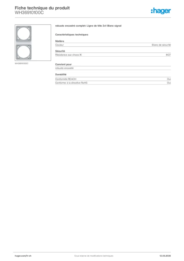 Image Hager Fiche technique du produit WH36910100C | Hager Suisse