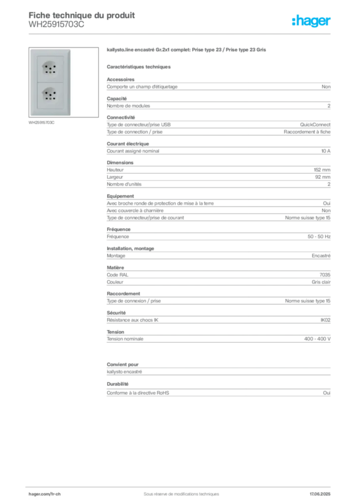 Image Hager Fiche technique du produit WH25915703C | Hager Suisse